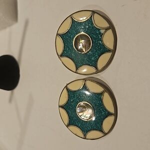 Vintage Turquoise Alpaca, Enamel & MOP on Silvertone Clip-on Earrings